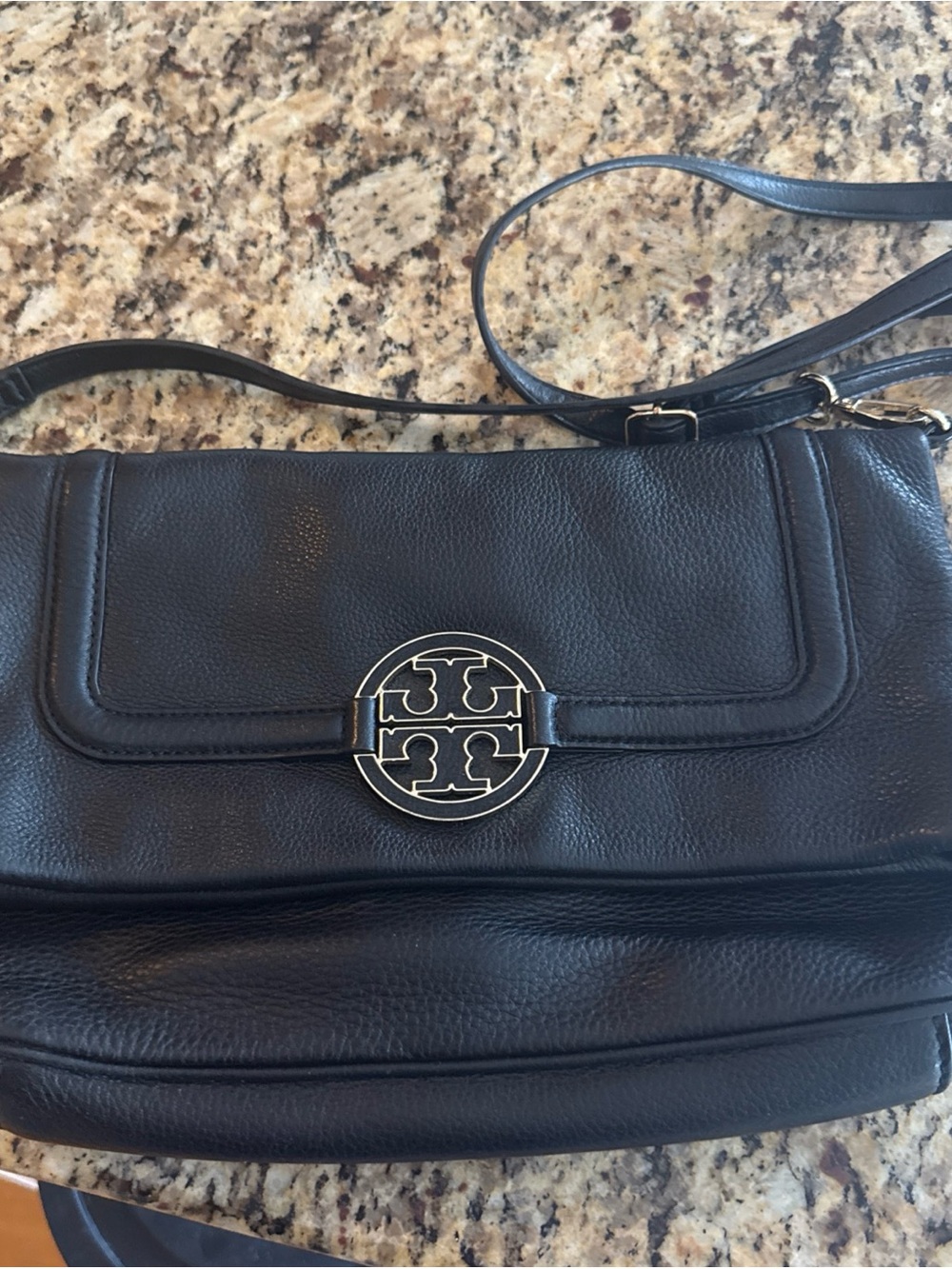 TORY BURCH Amanda Crossbody Black Pebbled Leather Foldover Messenger Bag Logo